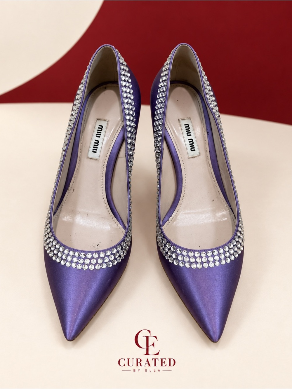 Miu Miu Purple Satin Crystal-Embellished Pointed Pumps